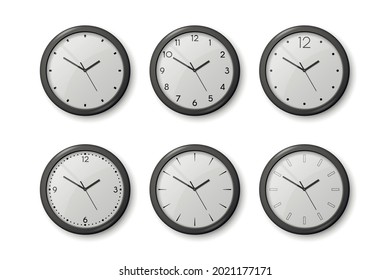 Vector 3d Realistic Black Wall Office Clock Icon Set Isolated on White. White Dial. Design Template of Wall Clock Closeup. Mock-up for Branding and Advertise. Top, Front View