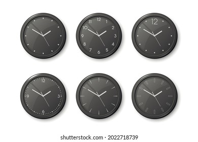 Icono de reloj de la oficina de la pared negra del vector 3d aislado en blanco. Marcado negro. Plantilla de diseño de cierre de reloj de pared. Burla para promoción de marca y publicidad. Vista frontal superior