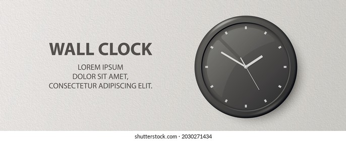 Vector 3d Realistic Black Wall Office Clock on Textured White Wall Background. Design Template, Banner with Office Clock with Black Dial in Interior. Mock-up for Branding