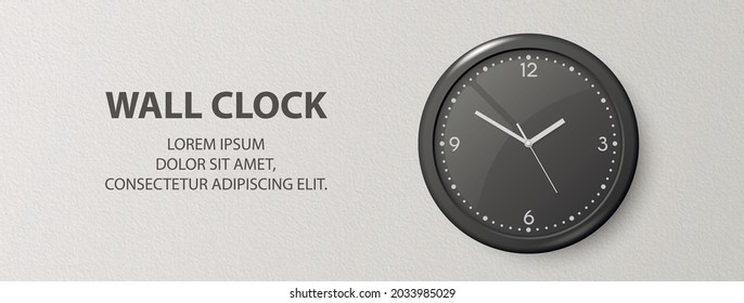 Vector 3d Reloj de oficina real de pared negra sobre fondo texturizado de pared blanca. Plantilla de diseño, Banner con reloj de Office con marcado en negro interior. Maqueta para la promoción de marca