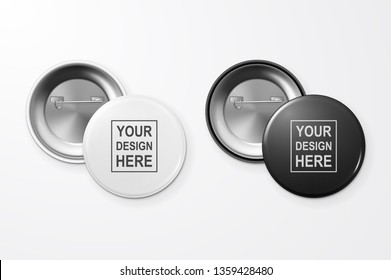 Vector 3d Realistic Black and White Blank Button Badge Closeup Isolated on White Background. Design Template for Mock up, Advertising. Top View