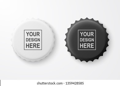 Vector 3d Realistic Black and White Blank Beer Bottle Cap Set Closeup Isolated on White Background. Design Template for Mock up, Package, Advertising. Top and Bottom View