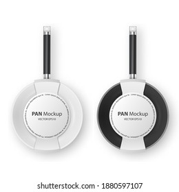 Vector 3d Realistic Black and White Empty Frying Pan with Paper Label Set Closeup Isolated on White Background. Design Template for Mockup. Top View