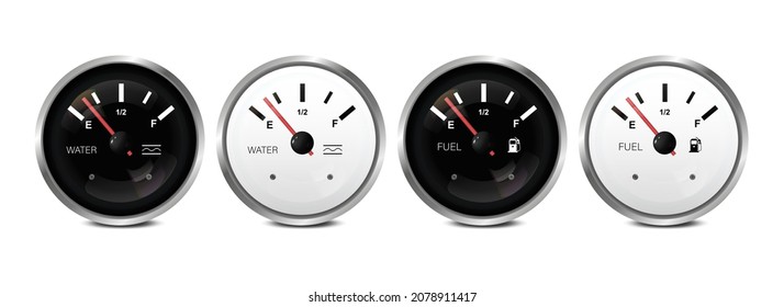 Vector 3d Realistic Black and White Circle Gas Fuel Tank Sensor. The icon of the water, oil, fuel level installed in isolation on a white background. Details of the dashboard of the Car. Fuel Indicato