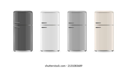 Vector 3d Realistic Black, White, Gray, Beige Fridge Icon Set Isolated. Vertical Refrigerators. Closed Fridges. Design Template, Mockup of Fridge. Front View