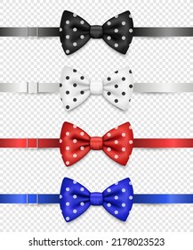 Vector 3d Realistic Black, White, Red, Blue Polka Dot Bow Tie with Clasp Set Isolated. Silk Glossy Bowtie, Tie Gentleman. Mockup, Design Template. Bow Tie for Man. Mens Fashion, Fathers Day Holiday