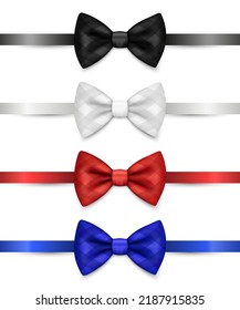 Vector 3d Realistic Black, White, Red, Blue Checkered Bow Tie Set Isolated. Silk Glossy Bowtie, Tie Gentleman. Mockup, Design Template. Bow Tie for Man. Mens Fashion, Fathers Day Holiday