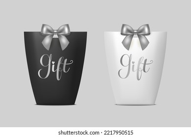 Vector 3d Realistic Black and White Paper Gift Bag, Box for Birthday or Party with Gray Silver Bow, Ribbon. Carry Bag for Present Icon Set Isolated on White Background