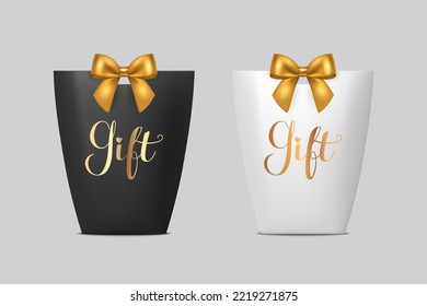 Vector 3d Realistic Black and White Paper Gift Bag, Box for Birthday or Party with Yellow Golden Bow, Ribbon. Carry Bag for Present Icon Set Isolated on White Background
