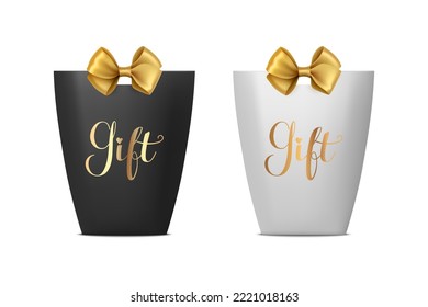Vector 3d Realistic Black and White Paper Gift Bag, Box for Birthday or Party with Yellow Golden Bow, Ribbon. Carry Bag for Present Icon Set Isolated on White Background
