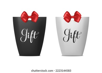 Vector 3d Realistic Black and White Paper Gift Bag, Box for Birthday or Party with Red Bow, Ribbon. Carry Bag for Present Icon Set Isolated on White Background