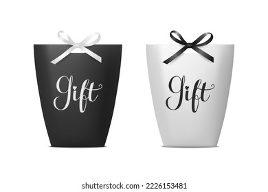 Vector 3d Realistic Black and White Paper Gift Bag, Box for Birthday or Party with White and Black Bow, Ribbon. Carry Bag for Present Icon Set Isolated on White Background