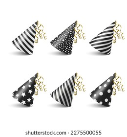 Vector 3d Realistic Black and White Birthday Party Hat Icon Set Isolated on White Background. Party Cap Design Template for Party Banner, Greeting Card. Holiday Hats, Cone Shape, Front View