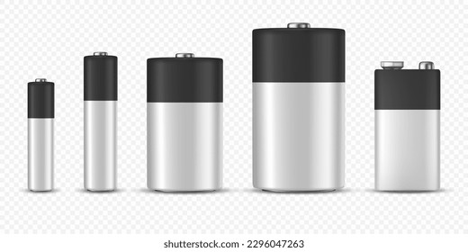 Vector 3d Realista Batería Alcalina Blanco y Negro Icono de Cierre Aislado. Tamaño diferente: AAA, AA, C, D, PP3. Plantilla de diseño para promoción de marca, mockup. Ilustración vectorial