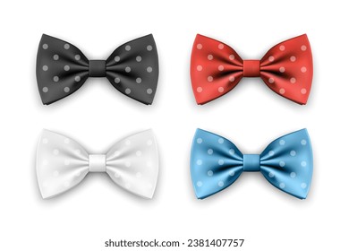 Vector 3d Realistic Black, White, Red, Blue Bow Tie Set Isolated on White Background. Silk Glossy Bowtie, Tie Gentleman. Mockup, Design Template. Bow tie for Man. Mens Fashion, Fathers Day Holiday