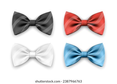 Vector 3d Realistic Black, White, Red, Blue Bow Tie Set Isolated on White Background. Silk Glossy Bowtie, Tie Gentleman. Mockup, Design Template. Bow Tie for Man. Mens Fashion, Fathers Day Holiday