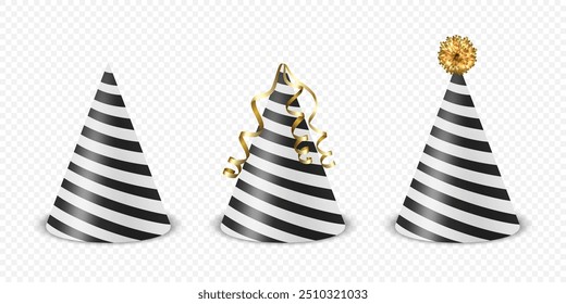 Vector 3d Realistic Black and White Birthday Party Hat Icon Set Isolated. Party Cap Design Template for Party Banner, Greeting Card. Holiday Hats, Cone Shape, Front View