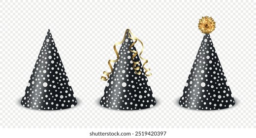 Vector 3d Realistic Black and White Birthday Party Hat Icon Set Isolated. Party Cap Design Template for Party Banner, Greeting Card. Holiday Hats, Cone Shape, Front View