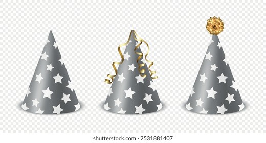 Vetor 3d realístico preto e branco aniversário partido ícone conjunto isolado. Modelo de design de tampa de festa para banner de festa, cartão de saudação. Chapéus de férias, Forma de cone, Vista frontal