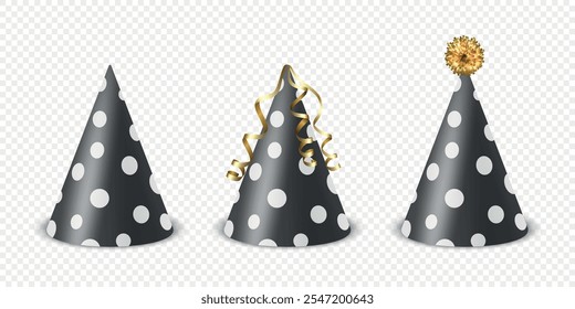 Vector 3d Realistic Black and White Birthday Party Hat Icon Set Isolated. Party Cap Design Template for Party Banner, Greeting Card. Holiday Hats, Cone Shape, Front View