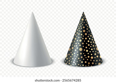 Vector 3d Realistic Black and Black White Birthday Party Hat Icon Set Isolated. Party Cap Design Template for Party Banner, Greeting Card. Holiday Hats, Cone Shape, Front View