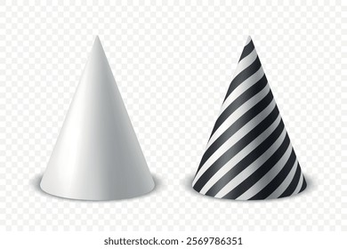 Vector 3d Realistic Black and Black White Birthday Party Hat Icon Set Isolated. Party Cap Design Template for Party Banner, Greeting Card. Holiday Hats, Cone Shape, Front View