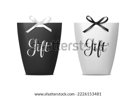 Vector 3d Realistic Black and White Paper Gift Bag, Box for Birthday or Party with White and Black Bow, Ribbon. Carry Bag for Present Icon Set Isolated on White Background