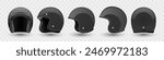 Vector 3d Realistic Blank Black Glossy Classic Vintage Open-Face Motorbike Helmet Design Template for Mockup. Front, Side and Back View. Motorcycle Helmet Icon, Closeup, Isolated