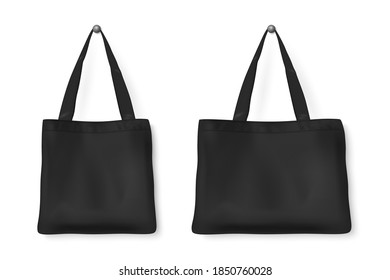 Vector 3d Realistic Blank Black Detailed Textile Tote Shopping Bag Set Hanging on the White Wall Background, Isolated. Design template for Mockups, Logo Design, Packaging. Ecology concept. Front View