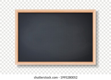 Vector 3d Realistic Blank Black Chalkboard, Wooden Frame Closeup Isolated on Transparent Background. Chalkboard Design Template, Mockup. Empty Blackboard for Classroom, Restaurant Menu. Front View