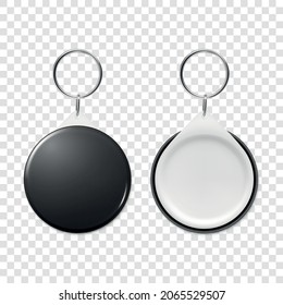 Vector 3d Realistic Blank Black Round Keychain with Ring and Chain for Key Isolated. Button Badge with Ring. Plastic, Metal ID Badge with Chains Key Holder, Design Template, Mockup
