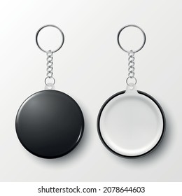 Vector 3d Realistic Blank Black Round Keychain With Ring And Chain For Key Isolated On White. Button Badge With Ring. Plastic, Metal ID Badge With Chains Key Holder, Design Template, Mockup