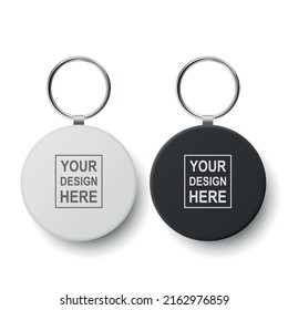 Vector 3d Realistic Blank Black, White Round Keychain With Ring And Chain For Key Isolated On White. Button Badge With Ring Set. Plastic, Metal ID Badge With Chains Key Holder, Design Template, Mockup