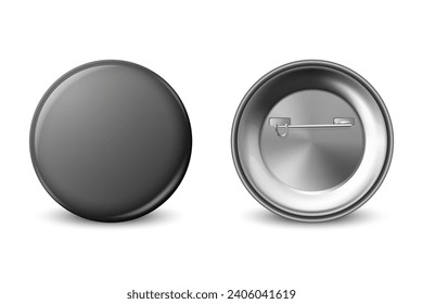 Vector 3d Realistic Blank Black Round Button Badge Set Closeup Isolated on a White Background. Button Badge, Plastic or Metal ID Badge Design Template, Mockup. Front View