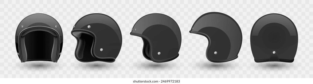 Vector 3d Realistic Blank Black Glossy Classic Vintage Open-Face Motorbike Helmet Design Template for Mockup. Front, Side and Back View. Motorcycle Helmet Icon, Closeup, Isolated