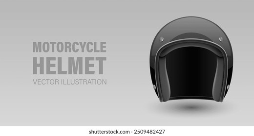 Vector 3d Realistic Blank Black Glossy Classic Vintage Open-Face Motorbike Helmet Design Template for Mockup. Front View. Motorcycle Helmet Icon, Closeup, Isolated