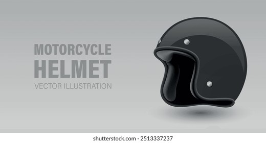 Vector 3d Realistic Blank Black Glossy Classic Vintage Open-Face Motorbike Helmet Design Template for Mockup. Front View. Motorcycle Helmet Icon, Closeup, Isolated