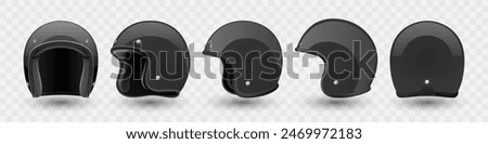 Vector 3d Realistic Blank Black Glossy Classic Vintage Open-Face Motorbike Helmet Design Template for Mockup. Front, Side and Back View. Motorcycle Helmet Icon, Closeup, Isolated