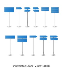 Vector 3d Realistic Blank Blue Road Warning Direction Sign Icon Set Closeup Isolated. Danger Blank Warning Empty Signs Collection, Traffic Template. Front View