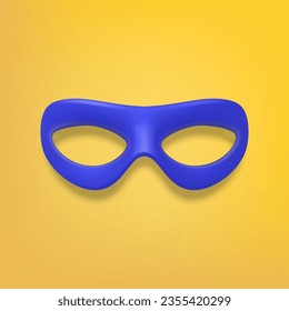 Vector 3d Máscara de Ojo de Héroe Azul en blanco realista sobre el cierre de fondo amarillo. Máscara de Héroe del Carnaval, Fiesta, Gafas de Mascarada. Plantilla de diseño para Carnaval, concepto de bolas de partido. Vista frontal