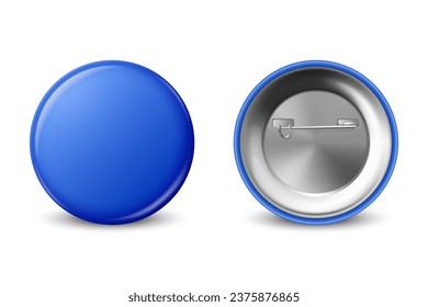 Vector 3d Realistic Blank Blue Round Button Badge Set Closeup Isolated on a White Background. Button Badge, Plastic or Metal ID Badge Design Template, Mockup. Front View