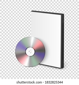 Vector 3d Realistic Blank CD, DVD with Cover Case Box Set Closeup Isolated on Transparent Background. Design Template. CD Packaging Copy Space. Front View