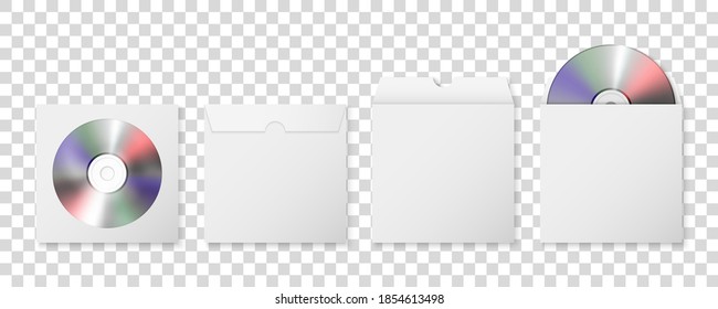 Vector 3d Realistic Blank CD, DVD and Paper Closed and Opened Envelope with Window, Cover Set Isolated on Transparent Background. Front and Back, Top View. Design Template of Packaging for Mockup