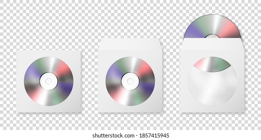 Vector 3d Realistic Blank CD, DVD and Paper Closed and Opened Envelope with Plastic Window, Cover Set Isolated on White Background. Front, Top View. Design Template of Packaging for Mockup