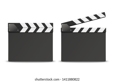 Vector 3d Realistic Blank Closed and Opened Movie Film Clap Board Icon Set Closeup Isolated on White Background. Design Template of Clapperboard, Slapstick, Filmmaking Device. Front View