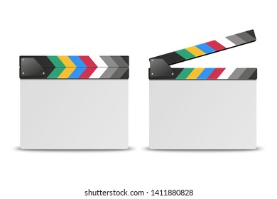 Vector 3d Realistic Blank Closed and Opened Movie Film Clap Board Icon Set Closeup Isolated on White Background. Design Template of Clapperboard, Slapstick, Filmmaking Device. Front View