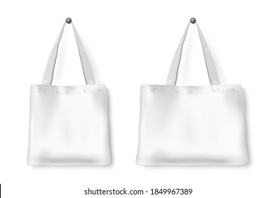 Vector 3d Realistic Blank Detailed Textile White Tote Shopping Bag Set Hanging on the White Wall Background, Isolated. Design template for Mockups, Logo Design, Packaging. Ecology concept. Front View