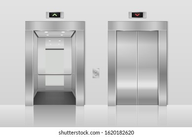Vector 3d Realistic Blank Empty Open and Closed Steel, Chrome, Silver Metal Office Building Lift Elevator Doors with Buttons Set Closeup. Floor interior mockup. Business Concept. Front view