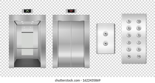 Vector 3d Realistic Blank Empty Open And Closed Steel, Chrome, Silver Metal Office Building Lift Elevator Doors With Buttons Set Closeup Isolated. Floor Interior Mockup. Business Concept. Front View