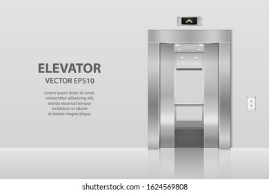 Vector 3d Realistic Blank Empty Open And Closed Steel, Chrome, Silver Metal Office Building Lift Elevator Doors With Buttons On Gray Wall. Floor Interior Mockup. Business Concept. Front View